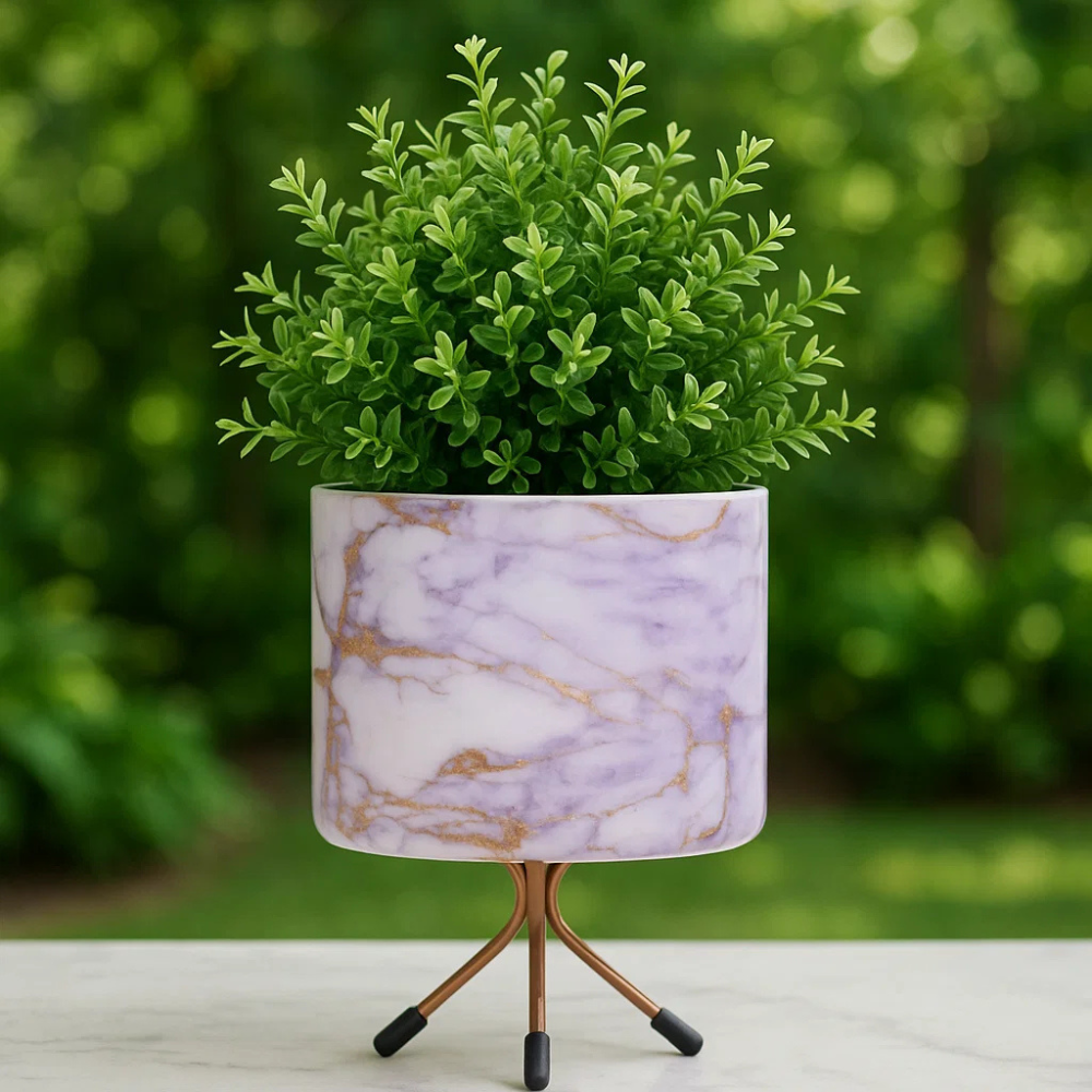 Elegant Round Tabletop Pot - Blue Marble Print with Stand