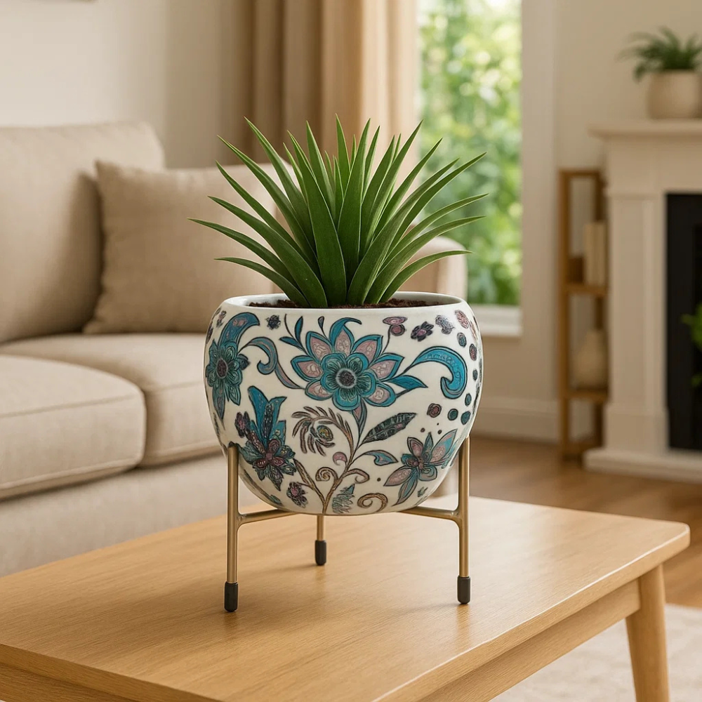 Elegant 5" Orchid Pot - Blue Enamel Design Print with Stand