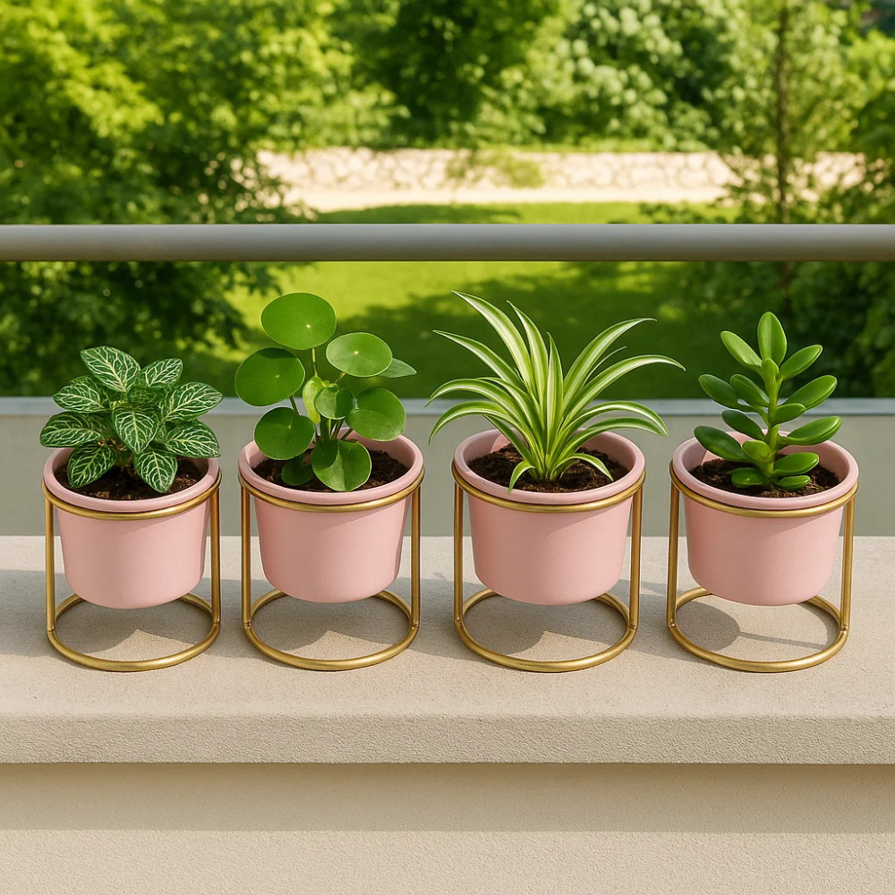 Charming Matte Pink Pot with Stand - Powder Coated, Set of 4
