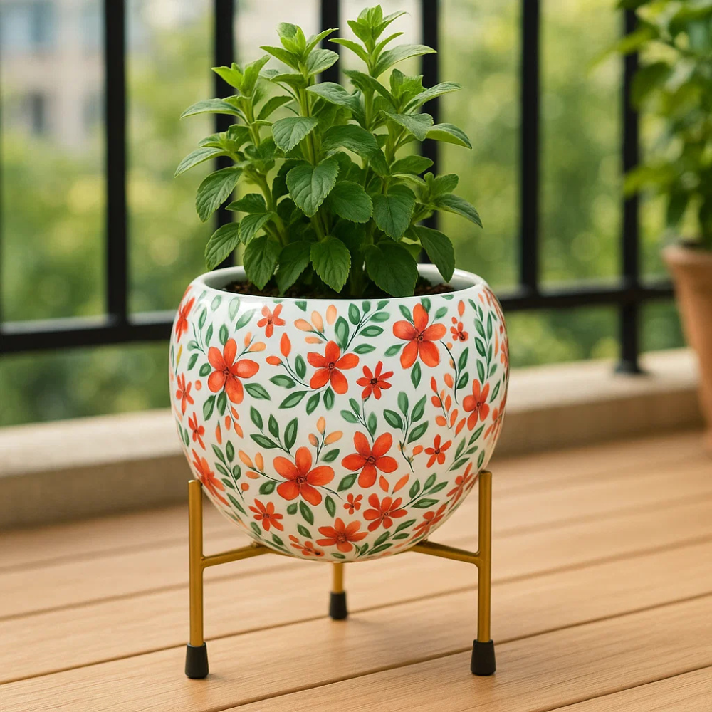 Elegant 5" Orchid Pot - Leaf Print Design with Stand