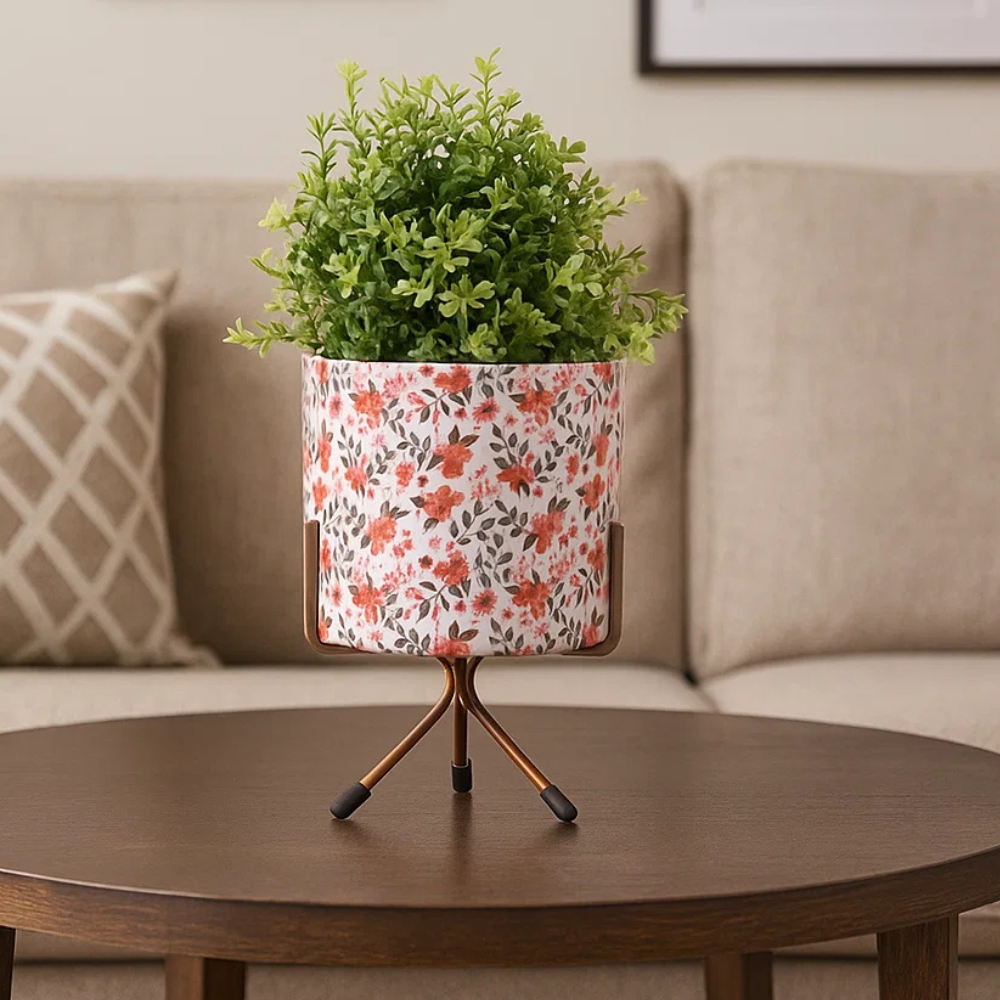Charming Round Tabletop Pot - Leaf Print Design with Stand