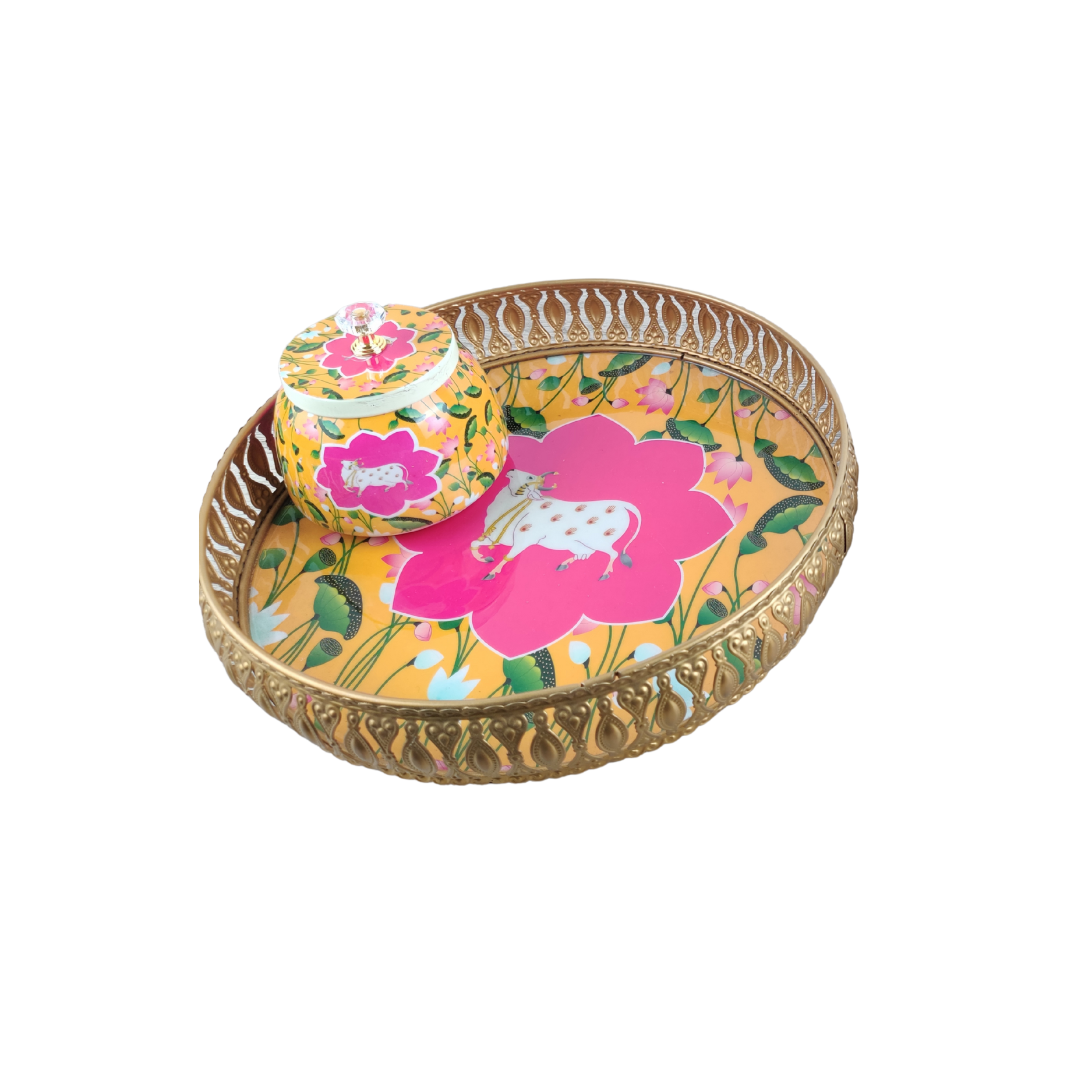 Vibrant Floral Cow-Themed Decorative Tray & Jar – A Fusion of Art & Culture - Nestern