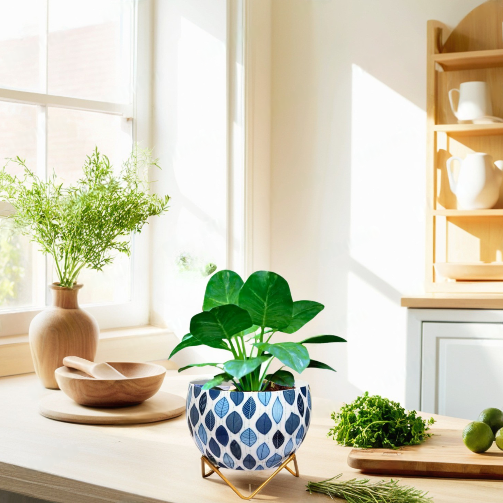 Elegant 5" Orchid Pot - White Enamel Design Print with Stand - Nestern