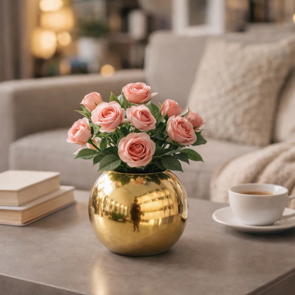 Golden Round Metal Flower Vase for Table Décor | Elegant Decorative Vase