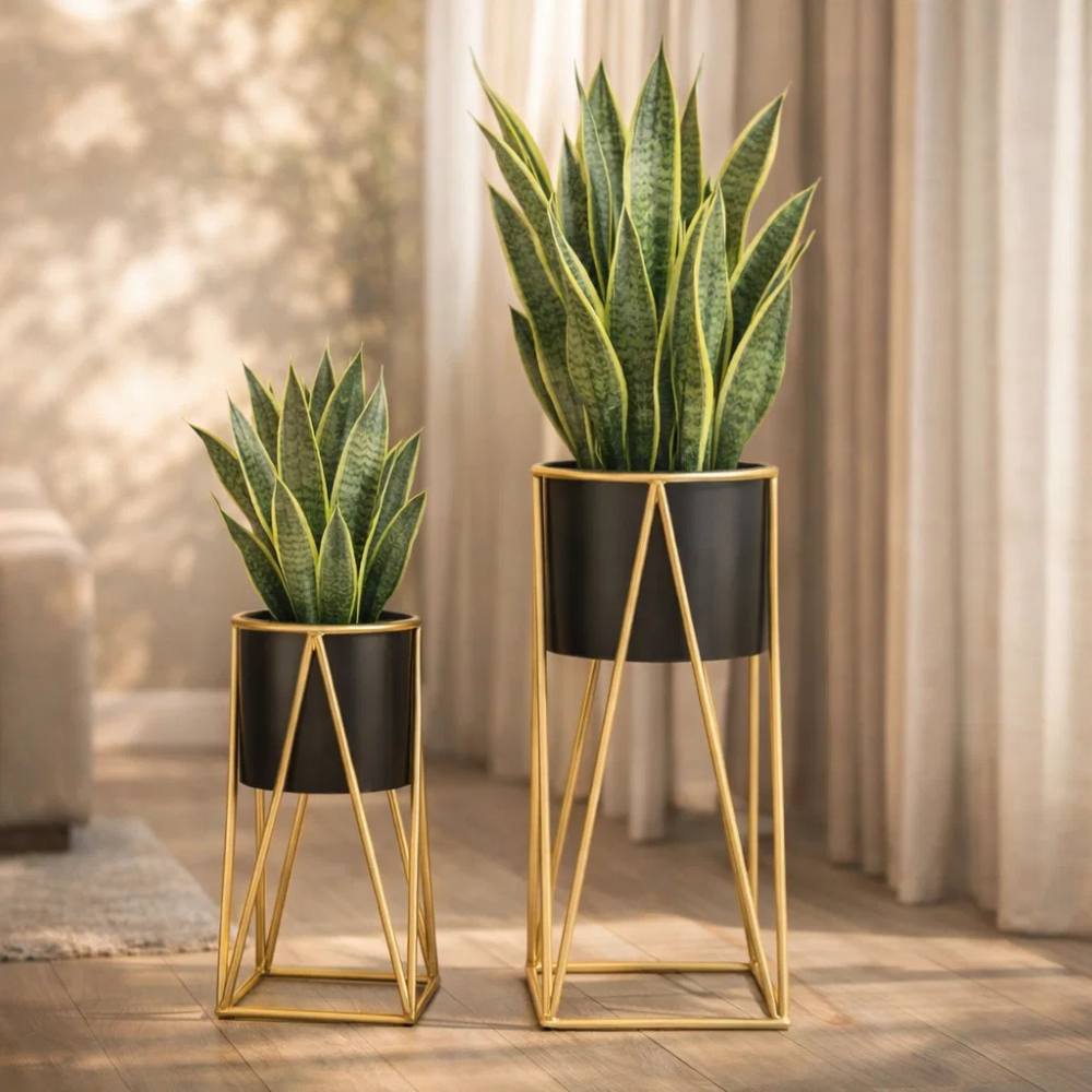 Set of 2 Modern Metal Plant Stands with Pots – Black & Gold Indoor Floor Planter Stand for Living Room Décor
