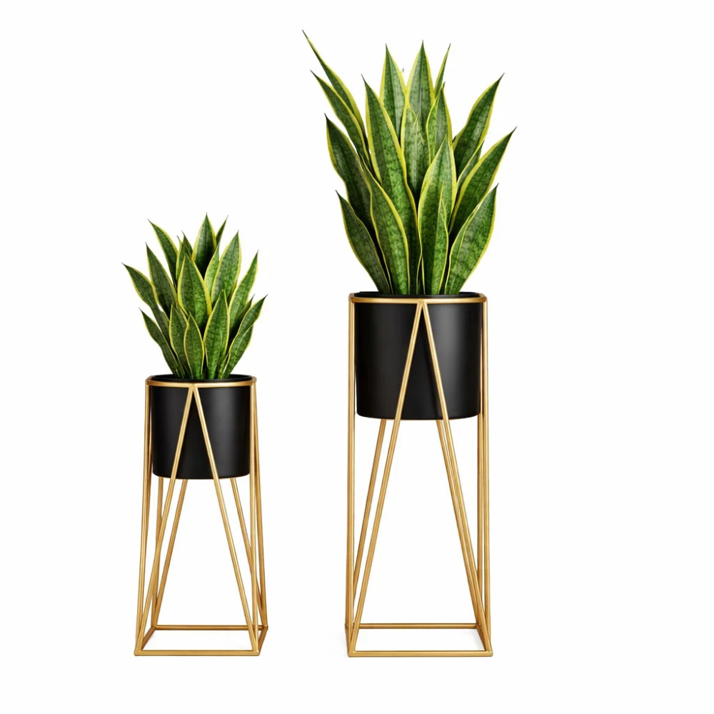 Set of 2 Modern Metal Plant Stands with Pots – Black & Gold Indoor Floor Planter Stand for Living Room Décor