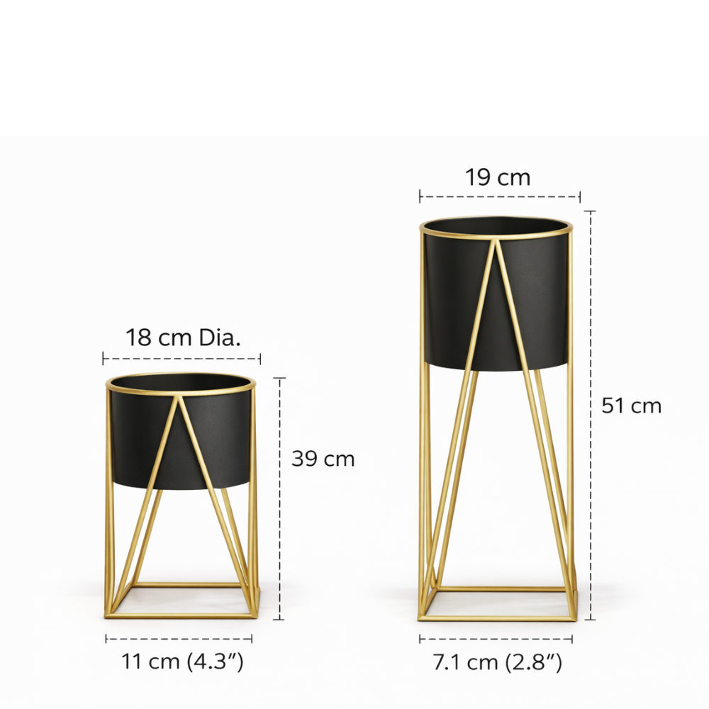 Set of 2 Modern Metal Plant Stands with Pots – Black & Gold Indoor Floor Planter Stand for Living Room Décor