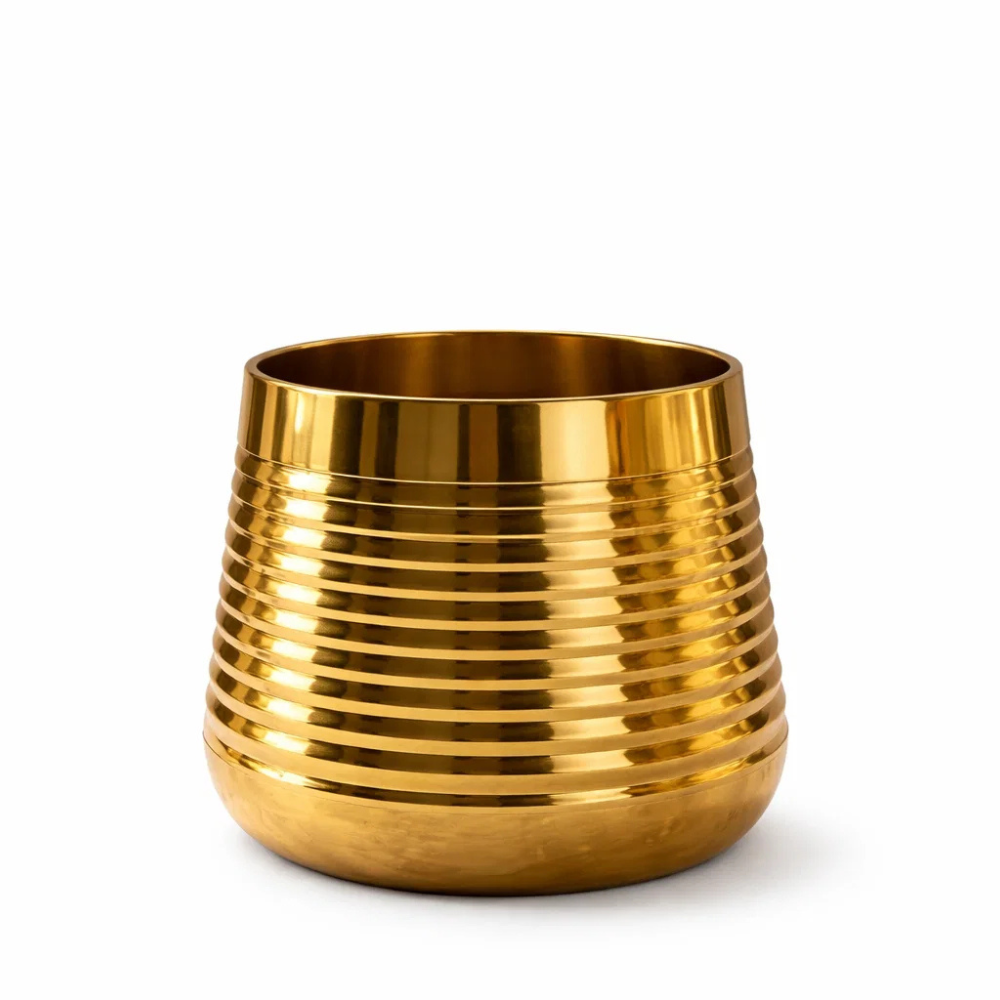 Golden Ribbed Metal Planter Pot – Premium Decorative Indoor Plant Holder for Tabletop & Living Room Décor