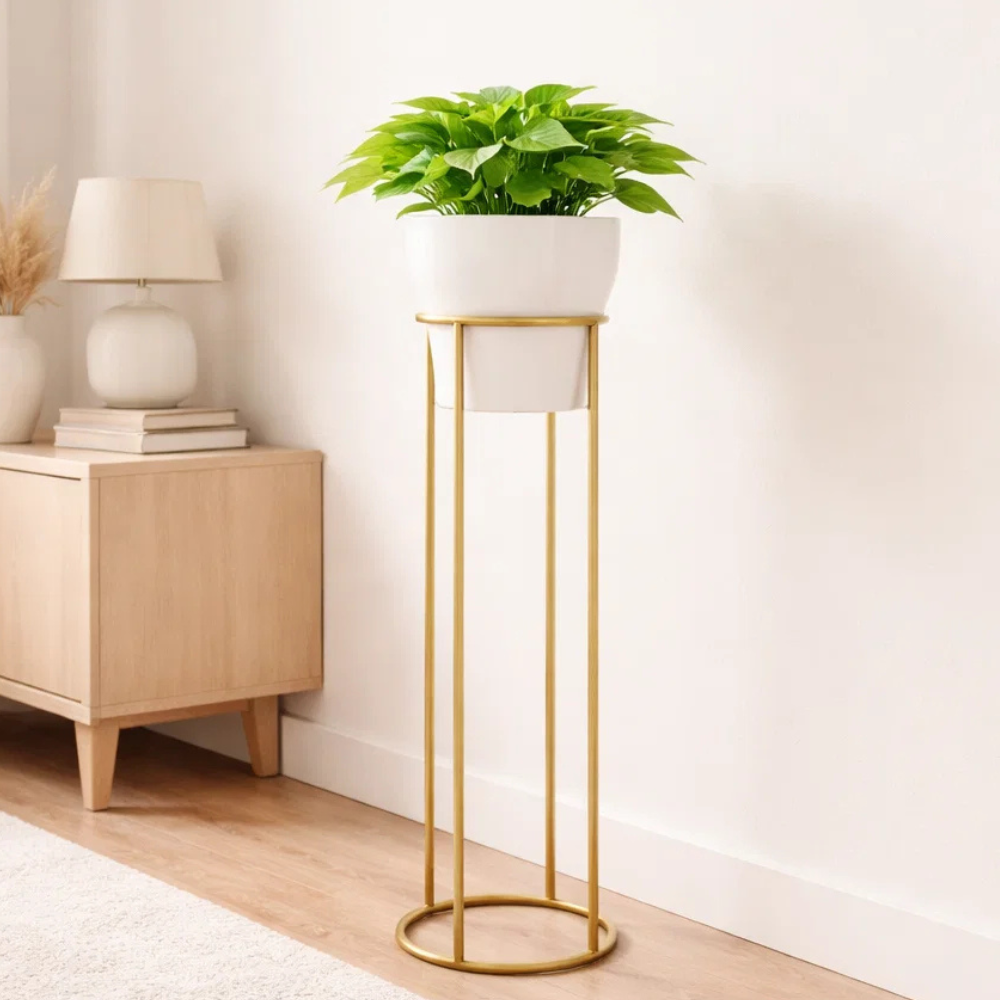 Modern Metal Plant Stand with Pot – Gold Floor Planter Stand for Living Room, Balcony & Indoor Décor