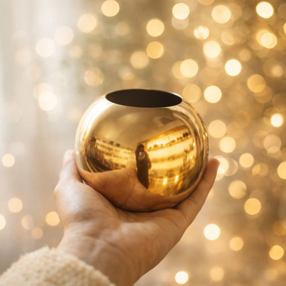 Golden Round Metal Flower Vase for Table Décor | Elegant Decorative Vase