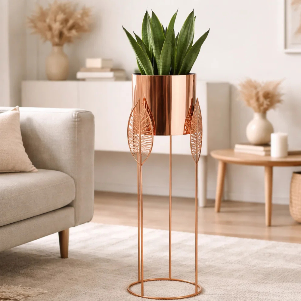 Copper Finish Metal Floor Planter Stand with Leaf Design – Decorative Tall Indoor Plant Stand for Living Room & Corner Décor
