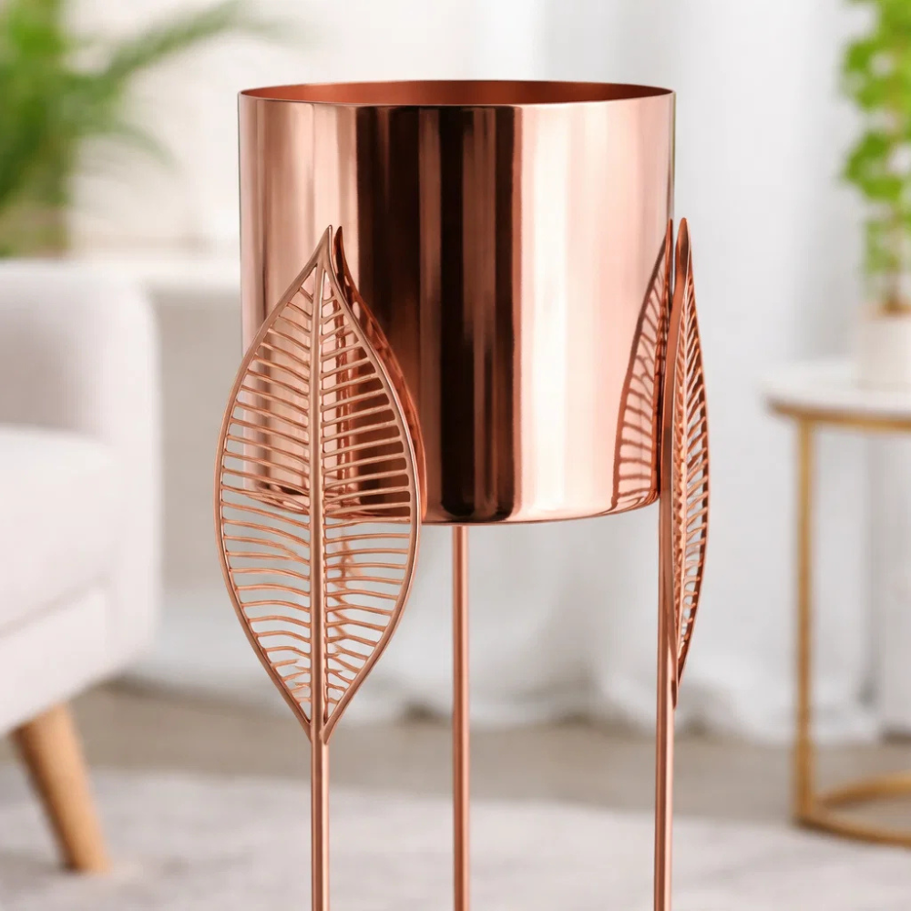 Copper Finish Metal Floor Planter Stand with Leaf Design – Decorative Tall Indoor Plant Stand for Living Room & Corner Décor