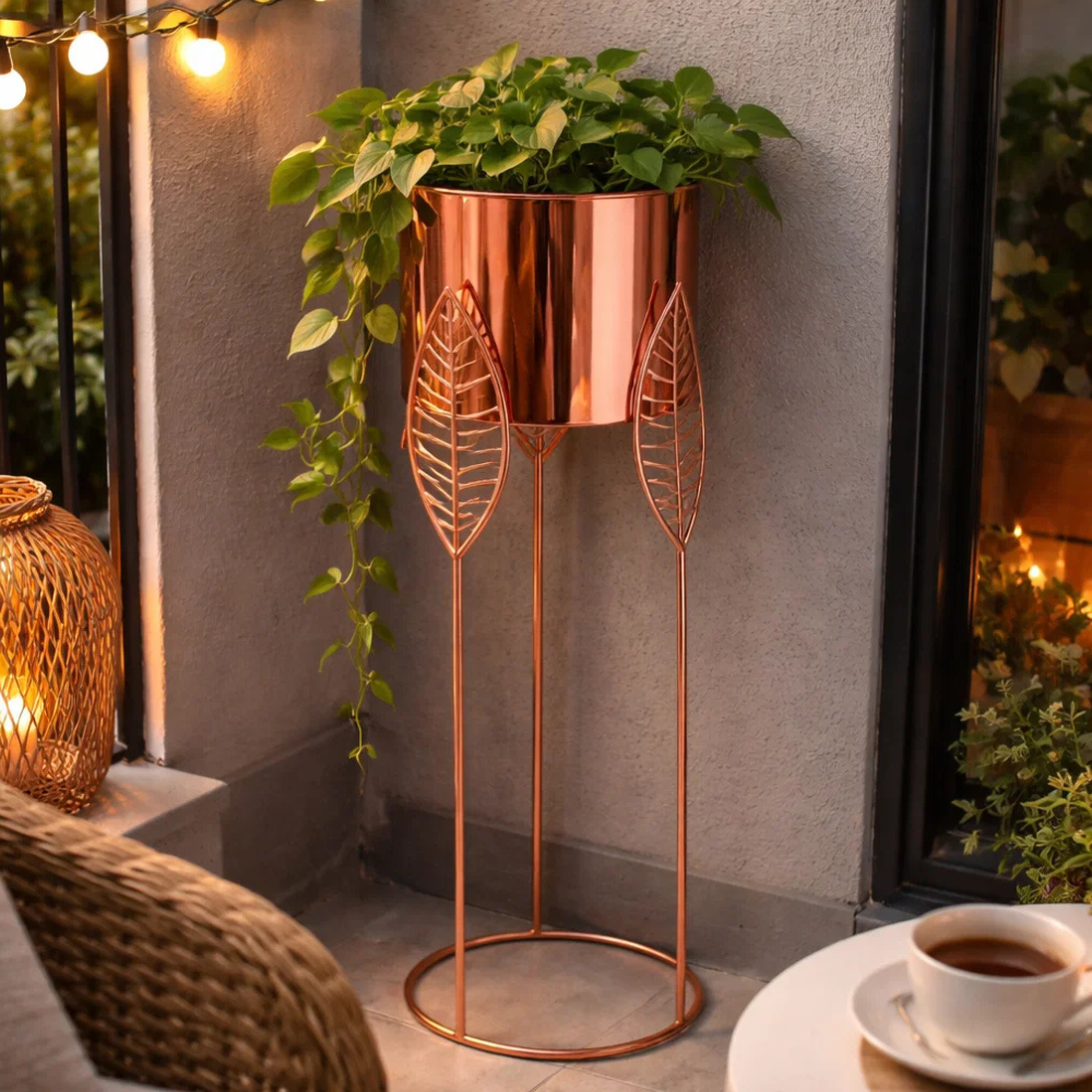Copper Finish Metal Floor Planter Stand with Leaf Design – Decorative Tall Indoor Plant Stand for Living Room & Corner Décor
