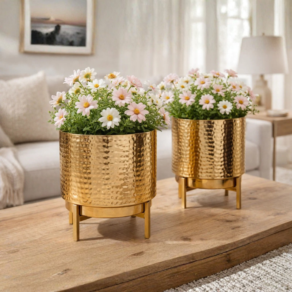 Hammered Gold Metal Planter with Stand (Set of 2)– Modern Decorative Indoor Plant Pot for Tabletop & Living Room Décor