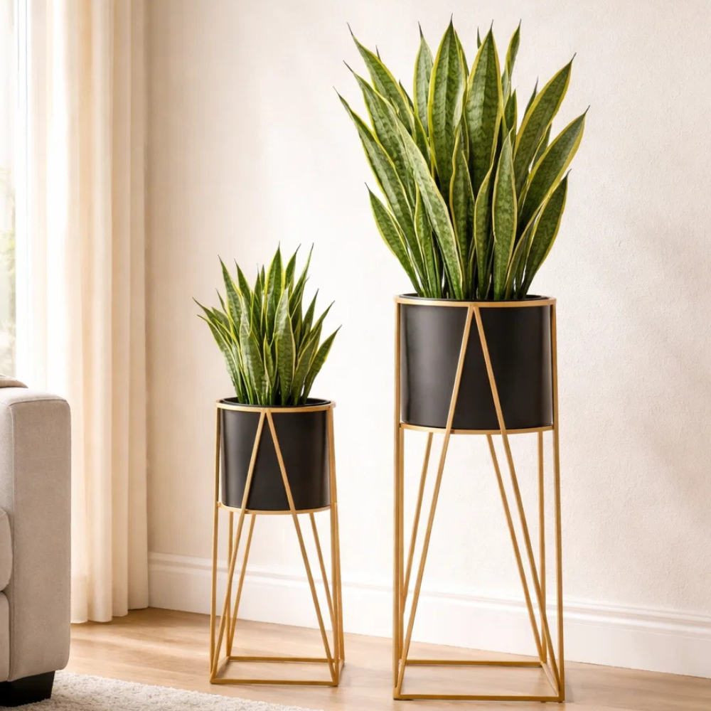 Set of 2 Modern Metal Plant Stands with Pots – Black & Gold Indoor Floor Planter Stand for Living Room Décor