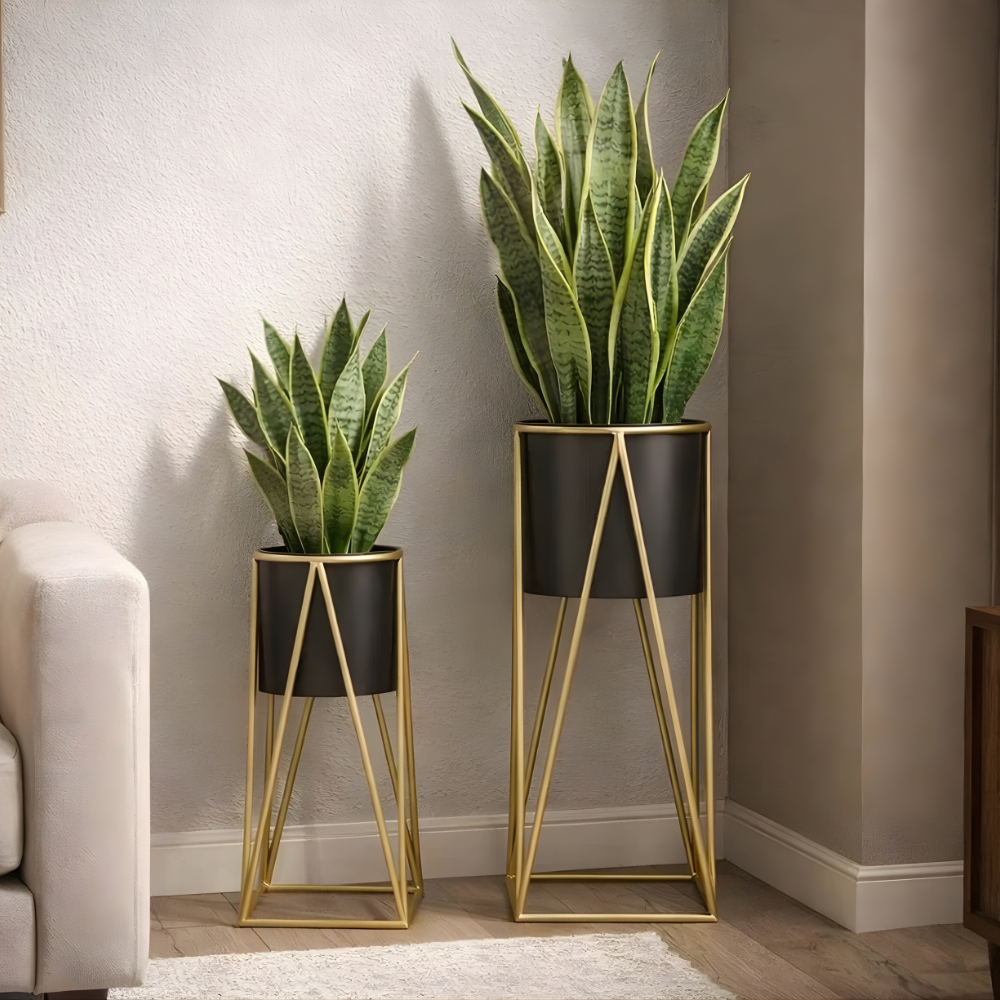 Set of 2 Modern Metal Plant Stands with Pots – Black & Gold Indoor Floor Planter Stand for Living Room Décor