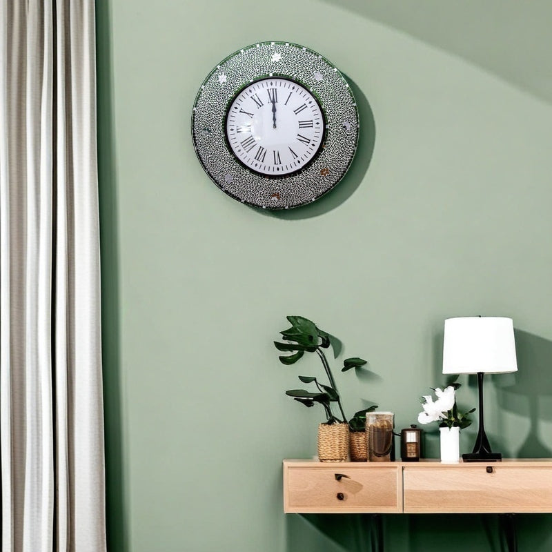 Green Handcrafted Mosaic Wall Clock with Roman Numerals - Stylish Decorative Accent - Nestern