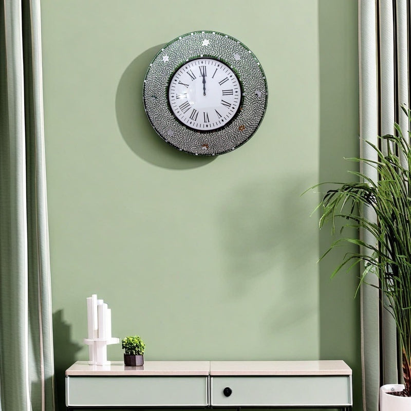 Green Handcrafted Mosaic Wall Clock with Roman Numerals - Stylish Decorative Accent - Nestern