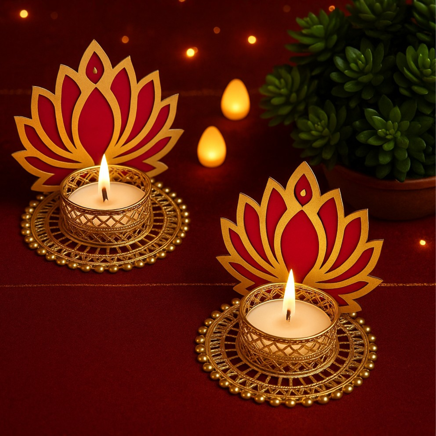 Elegant Lotus Tealight Candle Holders – Set of 2 | Gold & Pink Decorative Diyas for Diwali, Home & Festive Décor