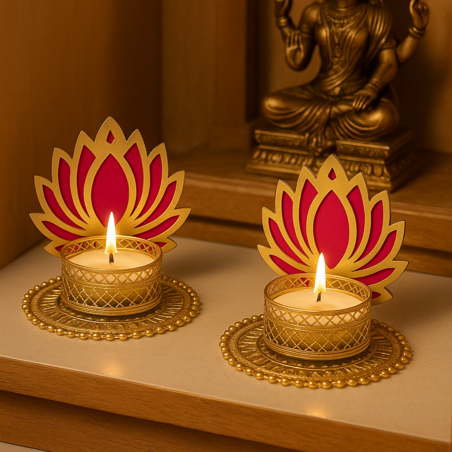 Elegant Lotus Tealight Candle Holders – Set of 2 | Gold & Pink Decorative Diyas for Diwali, Home & Festive Décor