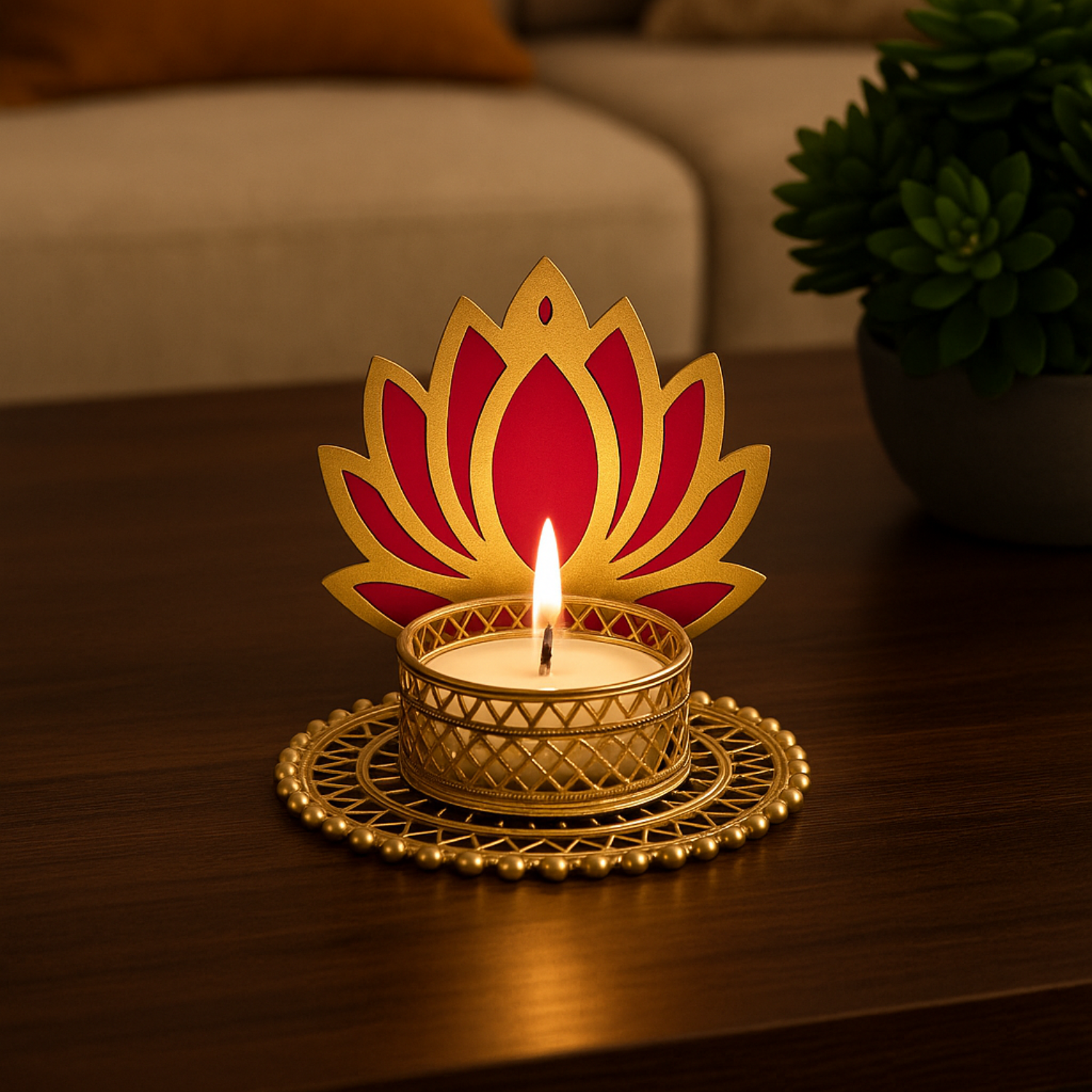 Elegant Lotus Tealight Candle Holders – Set of 2 | Gold & Pink Decorative Diyas for Diwali, Home & Festive Décor
