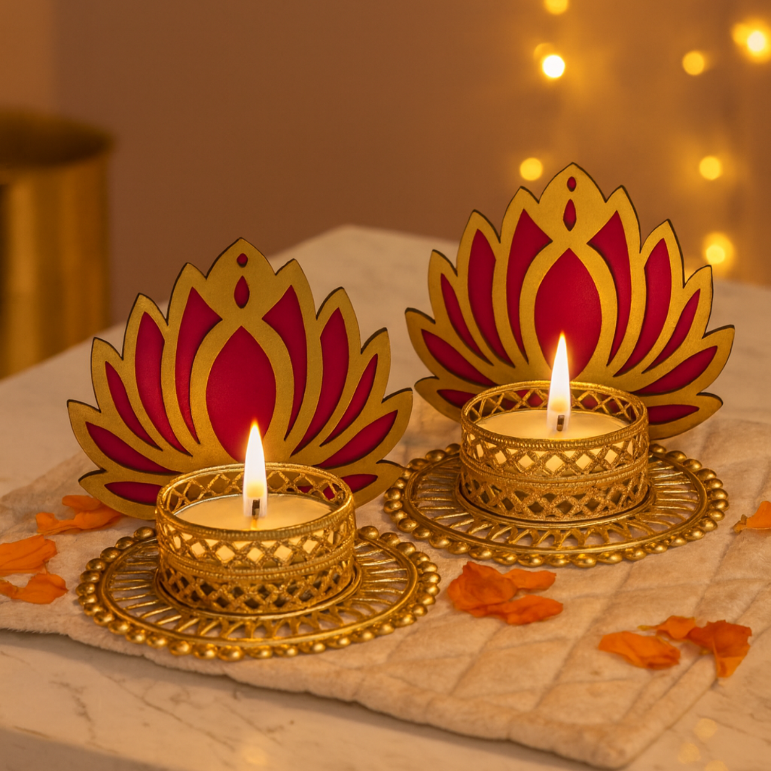 Elegant Lotus Tealight Candle Holders – Set of 2 | Gold & Pink Decorative Diyas for Diwali, Home & Festive Décor