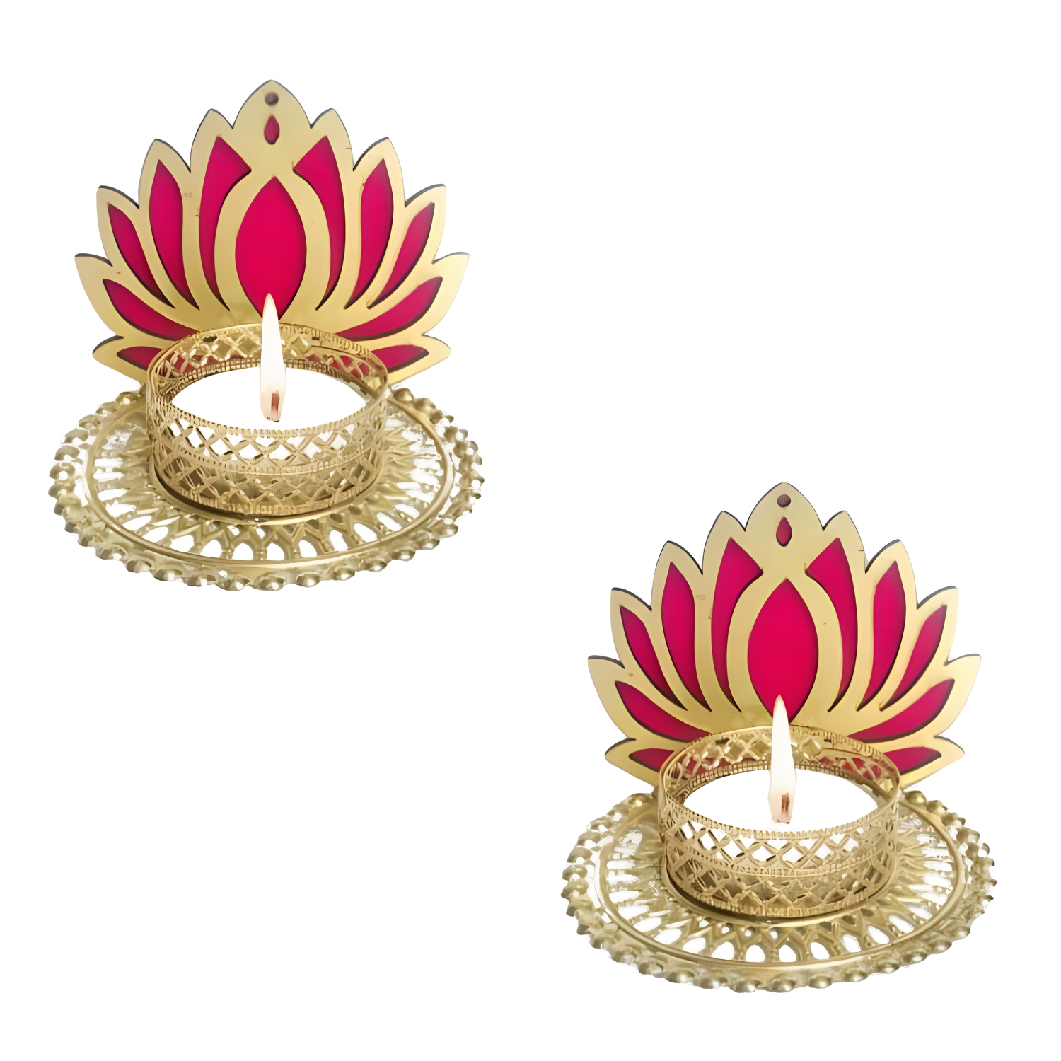 Elegant Lotus Tealight Candle Holders – Set of 2 | Gold & Pink Decorative Diyas for Diwali, Home & Festive Décor