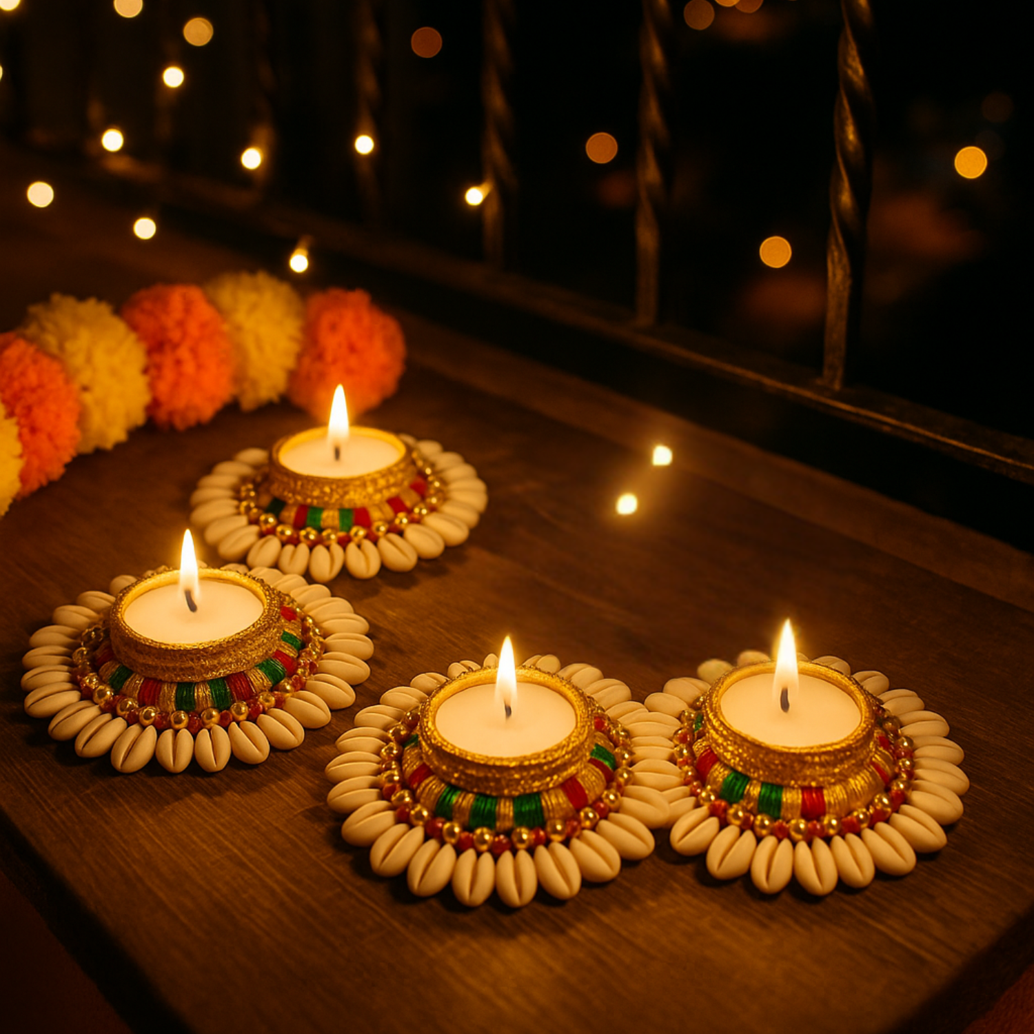 Handcrafted Multicolor Cowrie Shell Tealight Candle Holders – Set of 4 | Traditional Decorative Diyas for Diwali & Home Décor
