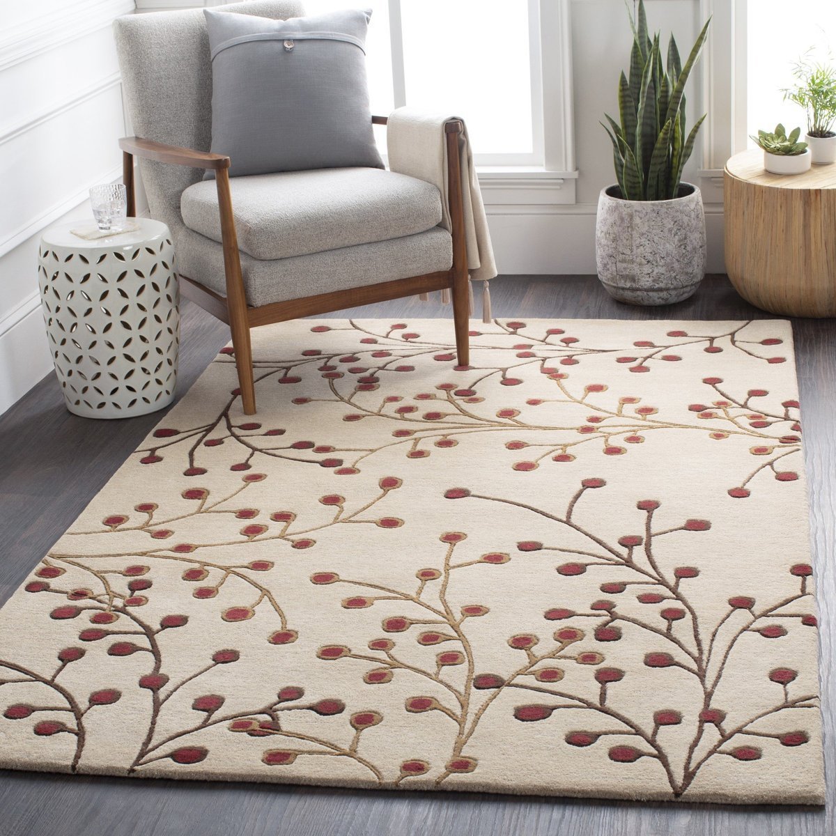 Artistic Floral Branch Design Wool Area Rug - Switzerland Wool Collections - Custom Sizes - Nestern