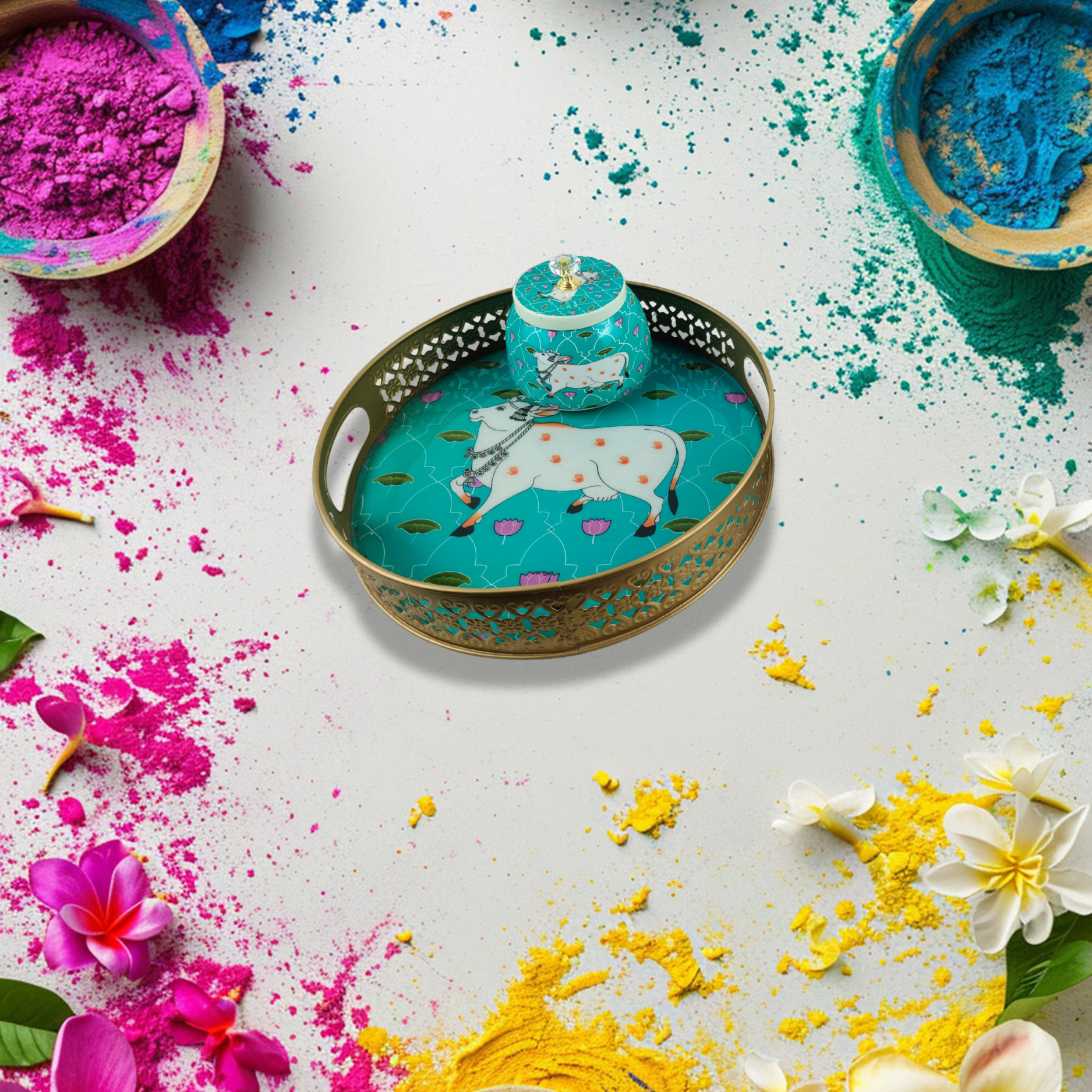 Graceful Cow-Themed Decorative Tray & Jar – A Blend of Tradition & Elegance - Nestern