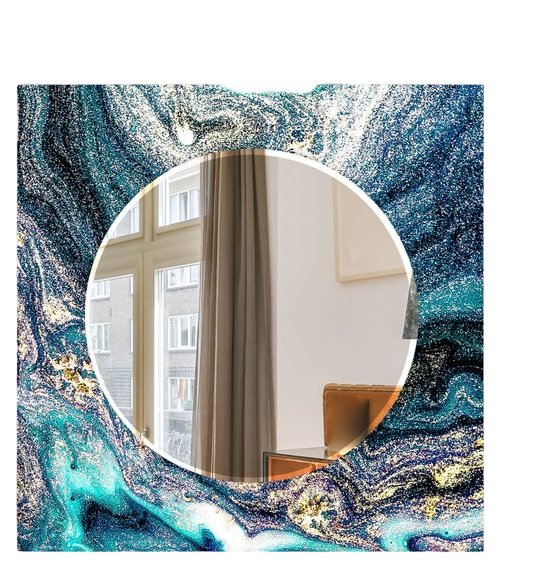 Blue Framed Square Mirror with Circular Center – Elegant and Unique - Nestern