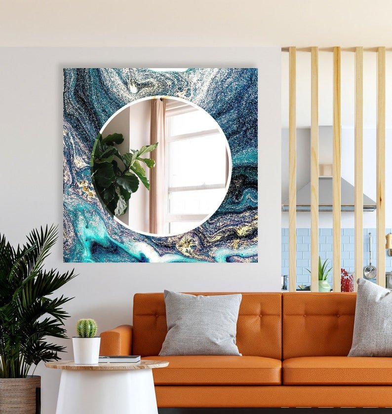 Blue Framed Square Mirror with Circular Center – Elegant and Unique - Nestern