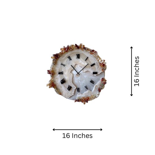 Brown Wall Clock with Natural Stone Sculpture – White & Brown Agate - Nestern