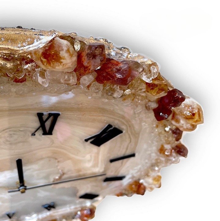 Brown Wall Clock with Natural Stone Sculpture – White & Brown Agate - Nestern