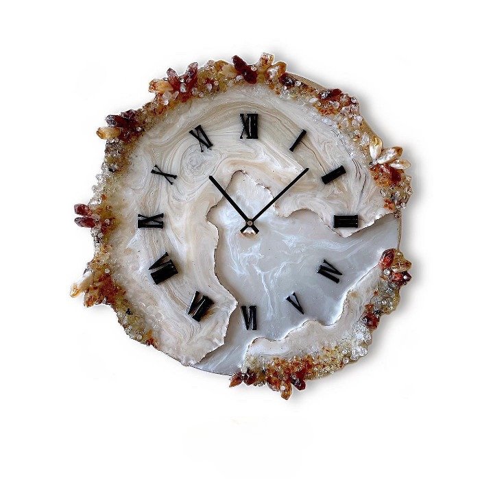 Brown Wall Clock with Natural Stone Sculpture – White & Brown Agate - Nestern