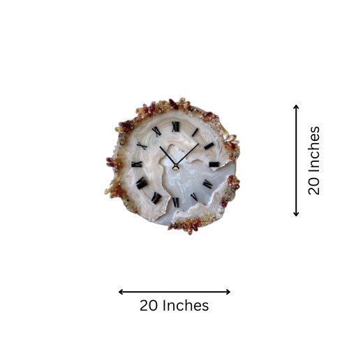 Brown Wall Clock with Natural Stone Sculpture – White & Brown Agate - Nestern