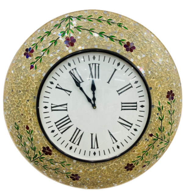 Floral Handcrafted Mosaic Wall Clock with Roman Numerals - Elegant Home Décor - Nestern