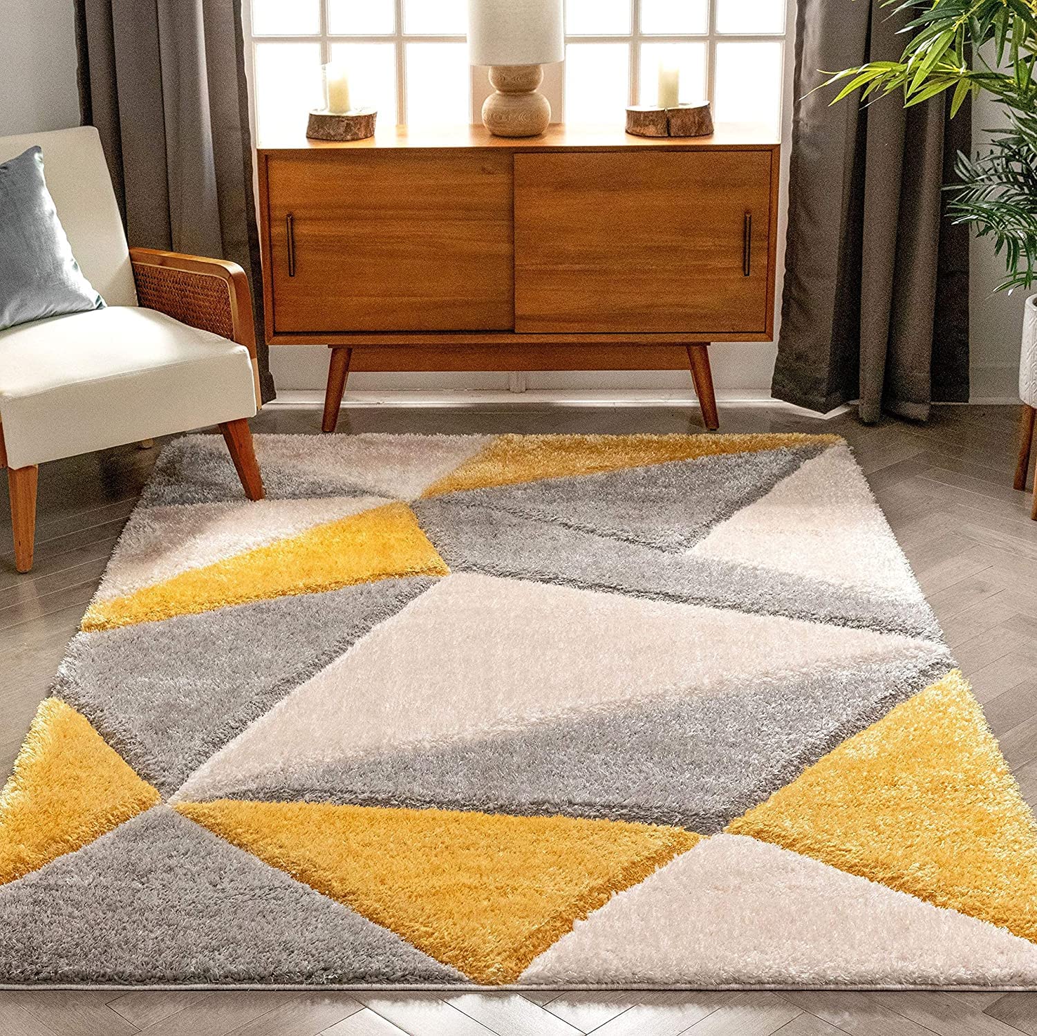 Contemporary Geometric Yellow and Grey Area Rug - Nestern
