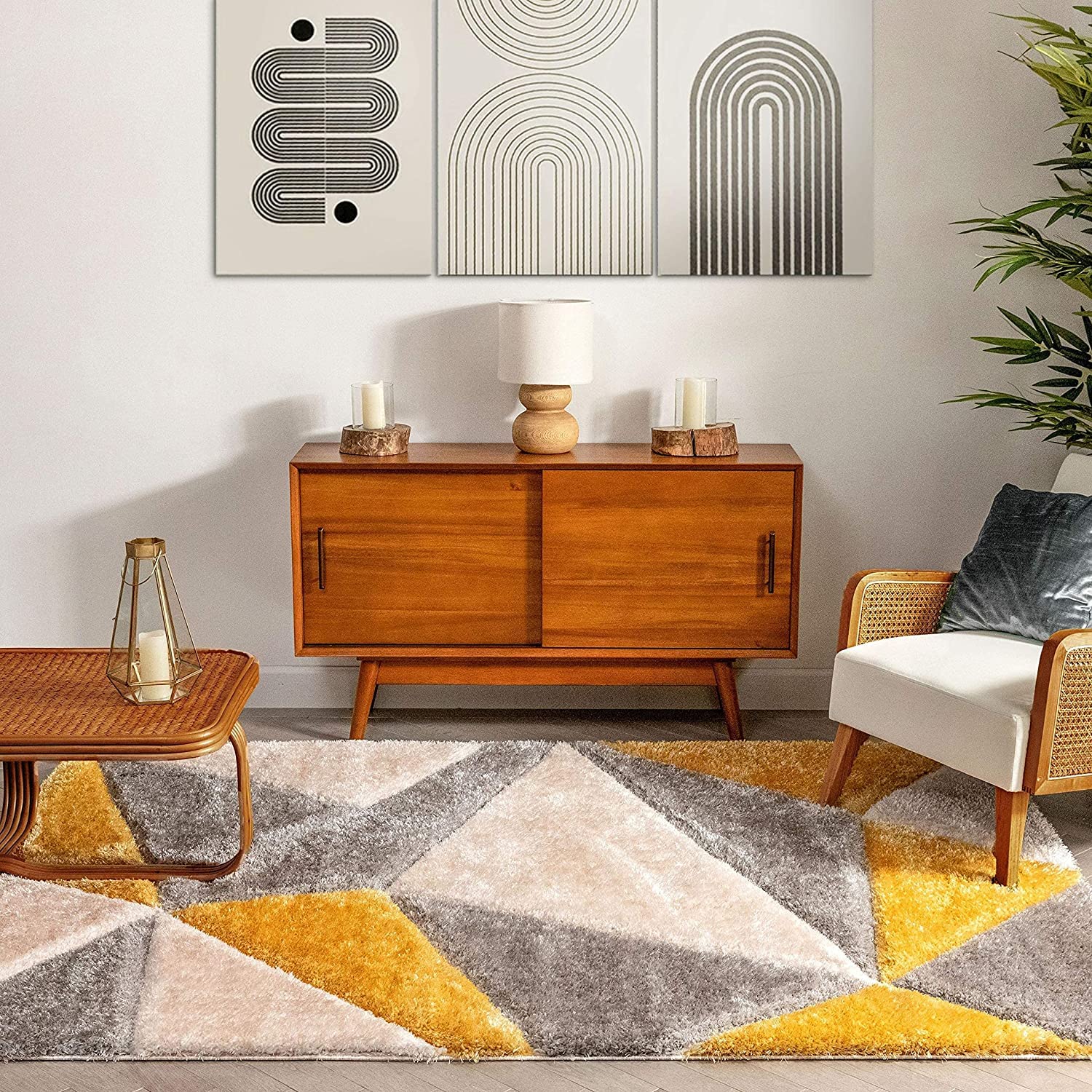 Contemporary Geometric Yellow and Grey Area Rug - Nestern