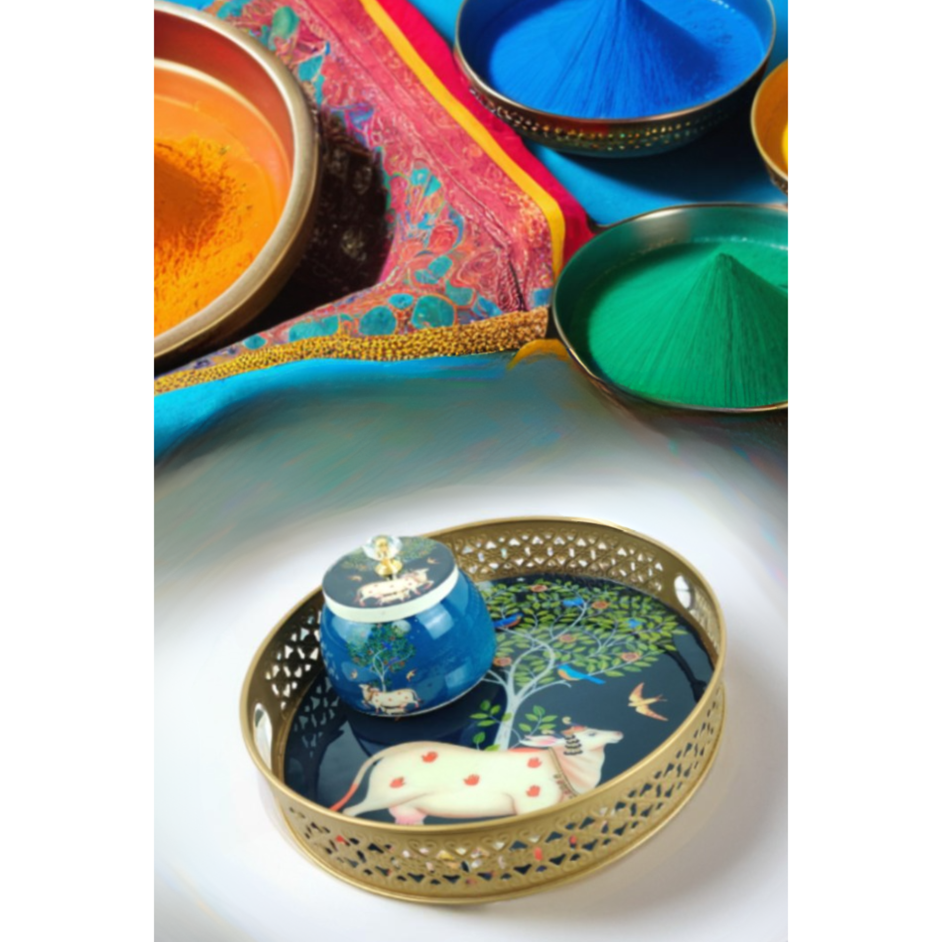Royal Blue Sacred Cow-Themed Decorative Tray & Jar – A Symbol of Elegance & Tradition - Nestern