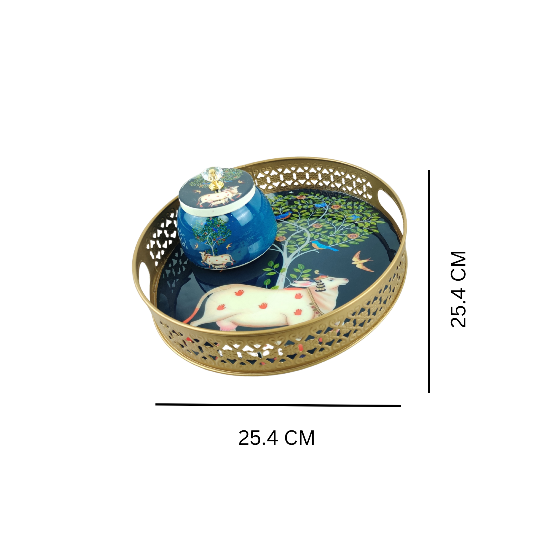 Royal Blue Sacred Cow-Themed Decorative Tray & Jar – A Symbol of Elegance & Tradition - Nestern