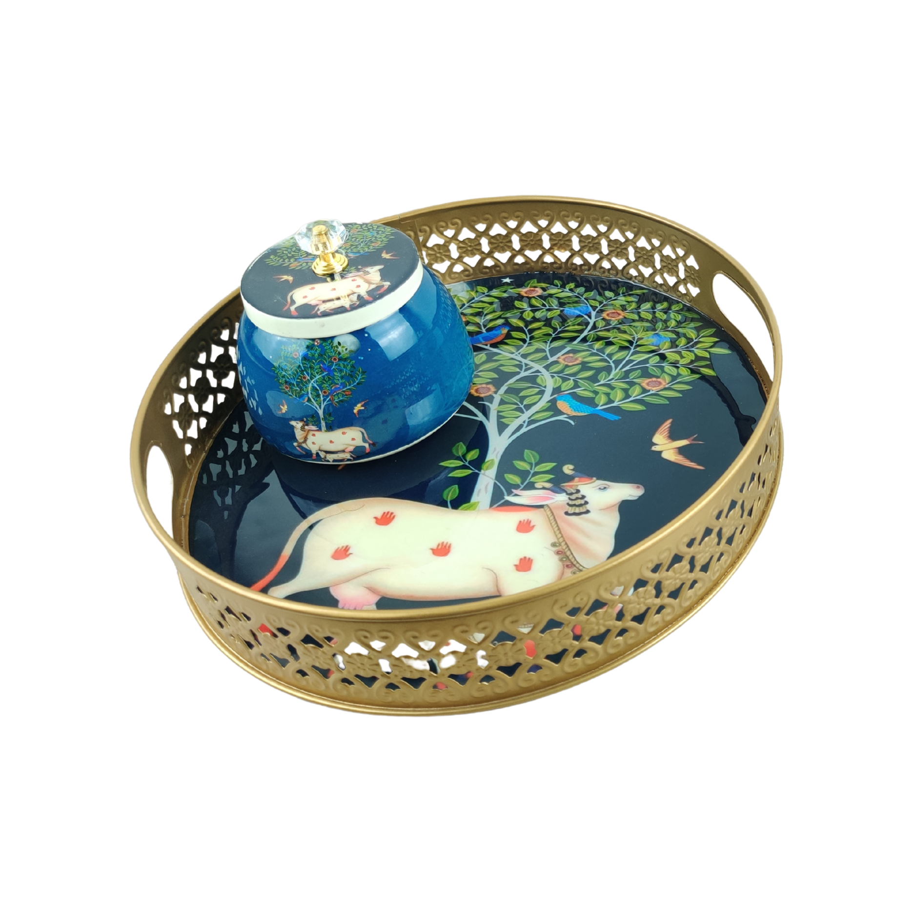 Royal Blue Sacred Cow-Themed Decorative Tray & Jar – A Symbol of Elegance & Tradition - Nestern