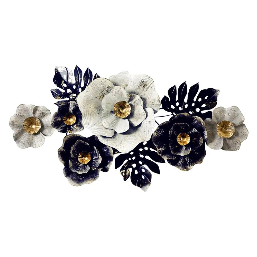 Luxury 3D Metal Wall Art – Black & White Floral Elegance