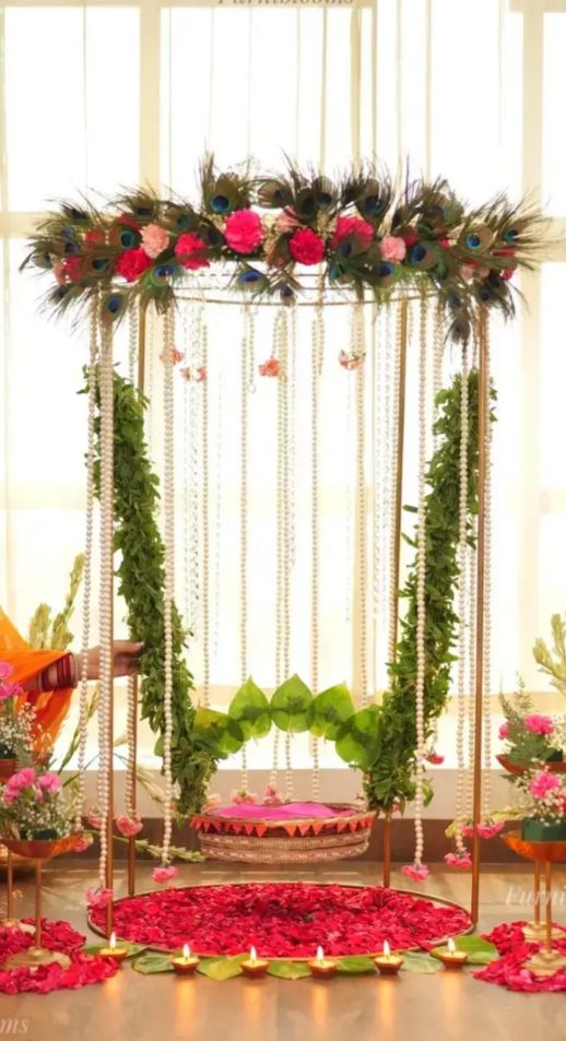Floral Round Pooja Stand for Moorti Placement Decor
