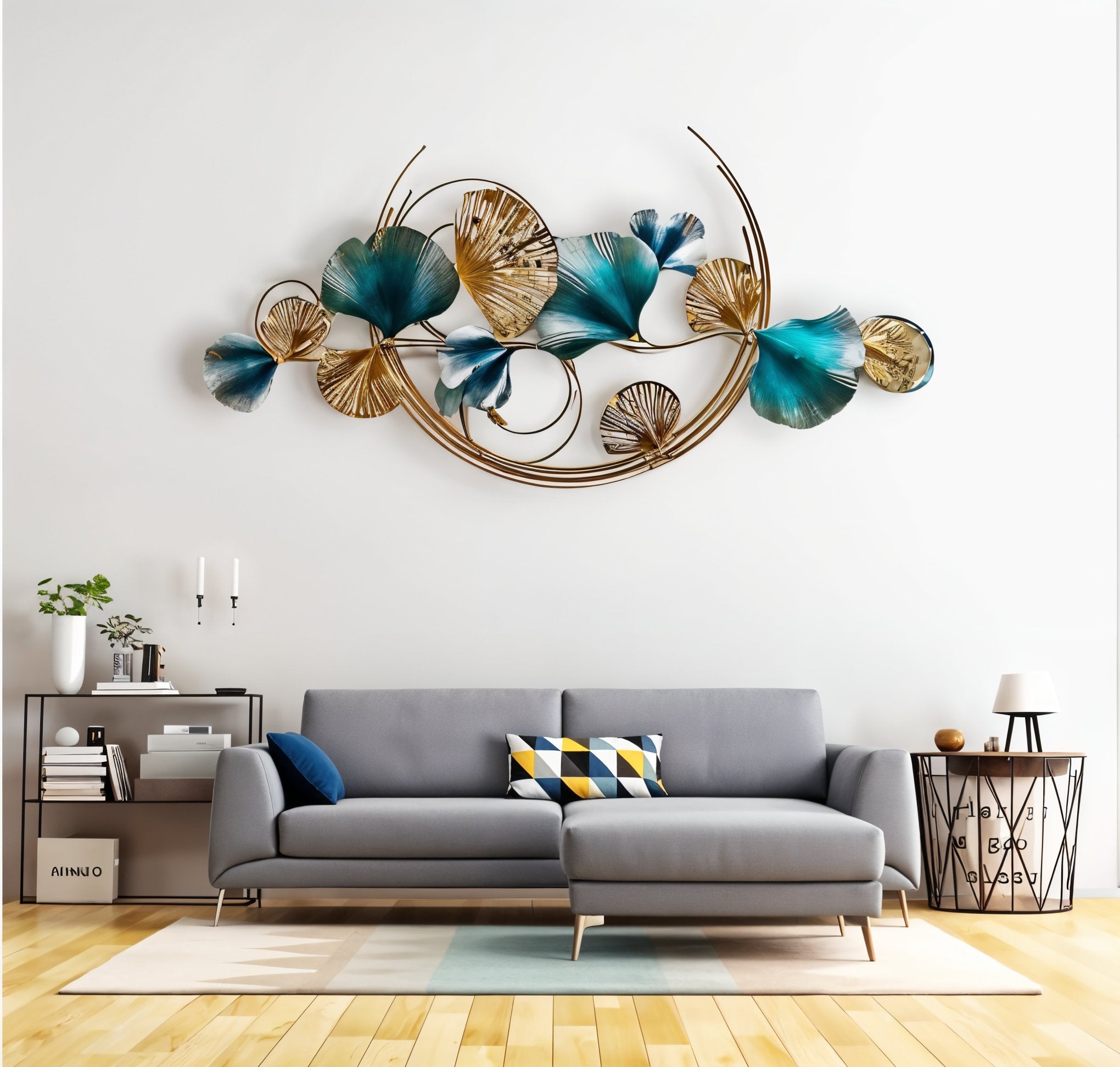 Elegant Gold & Teal Ginkgo Leaf Metal Wall Art