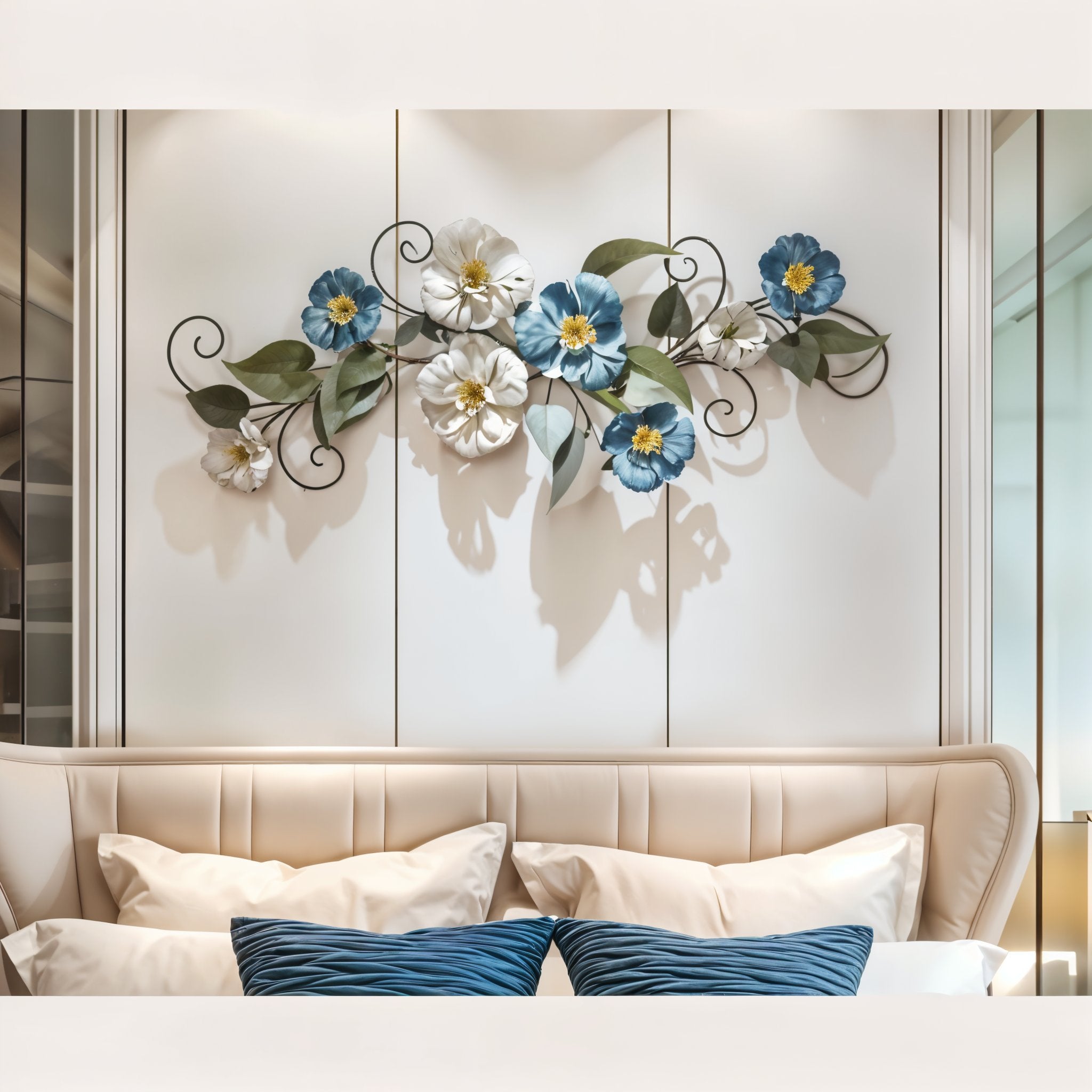 Elegant 3D Metal Floral Wall Art – Blue & Gold Flowers