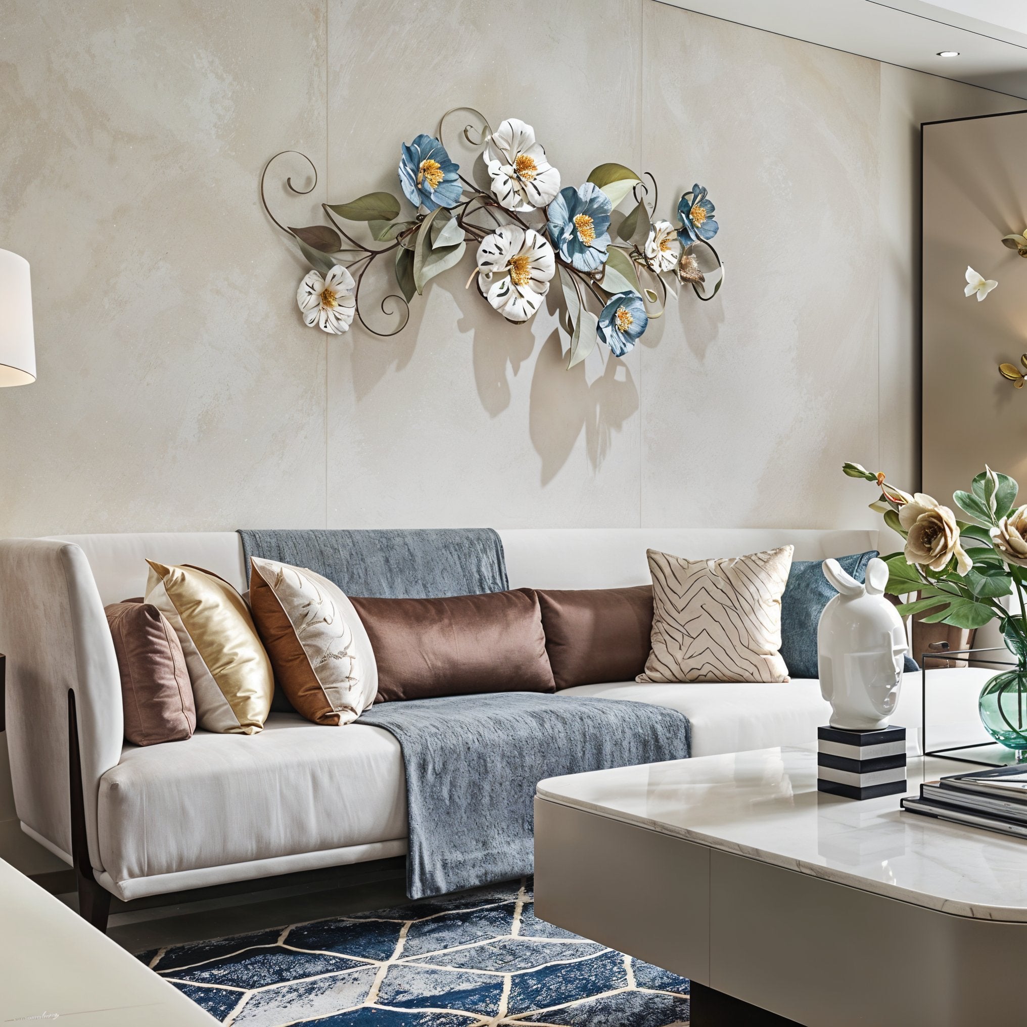 Elegant 3D Metal Floral Wall Art – Blue & Gold Flowers