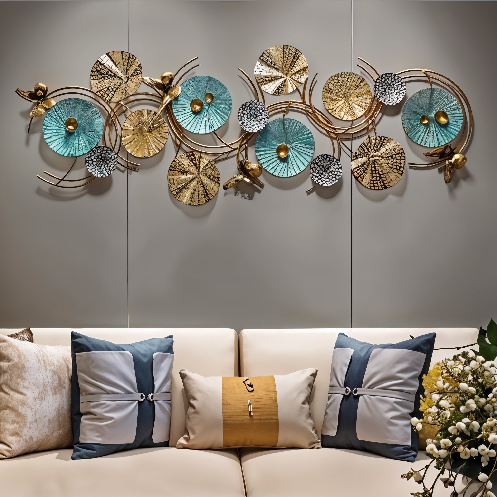 Elegant 3D Metal Wall Art – Gold & Teal Abstract Circles