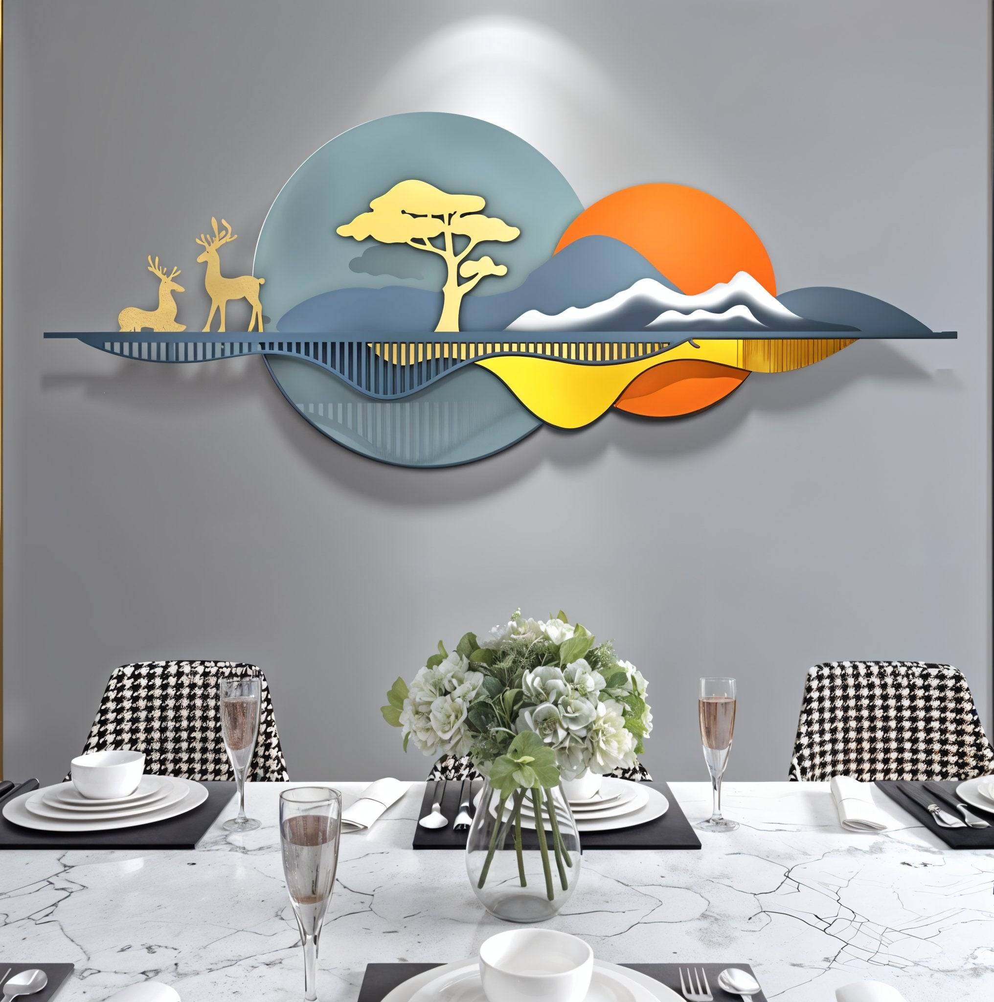 Modern 3D Metal Wall Art – Sunset & Mountain Landscape
