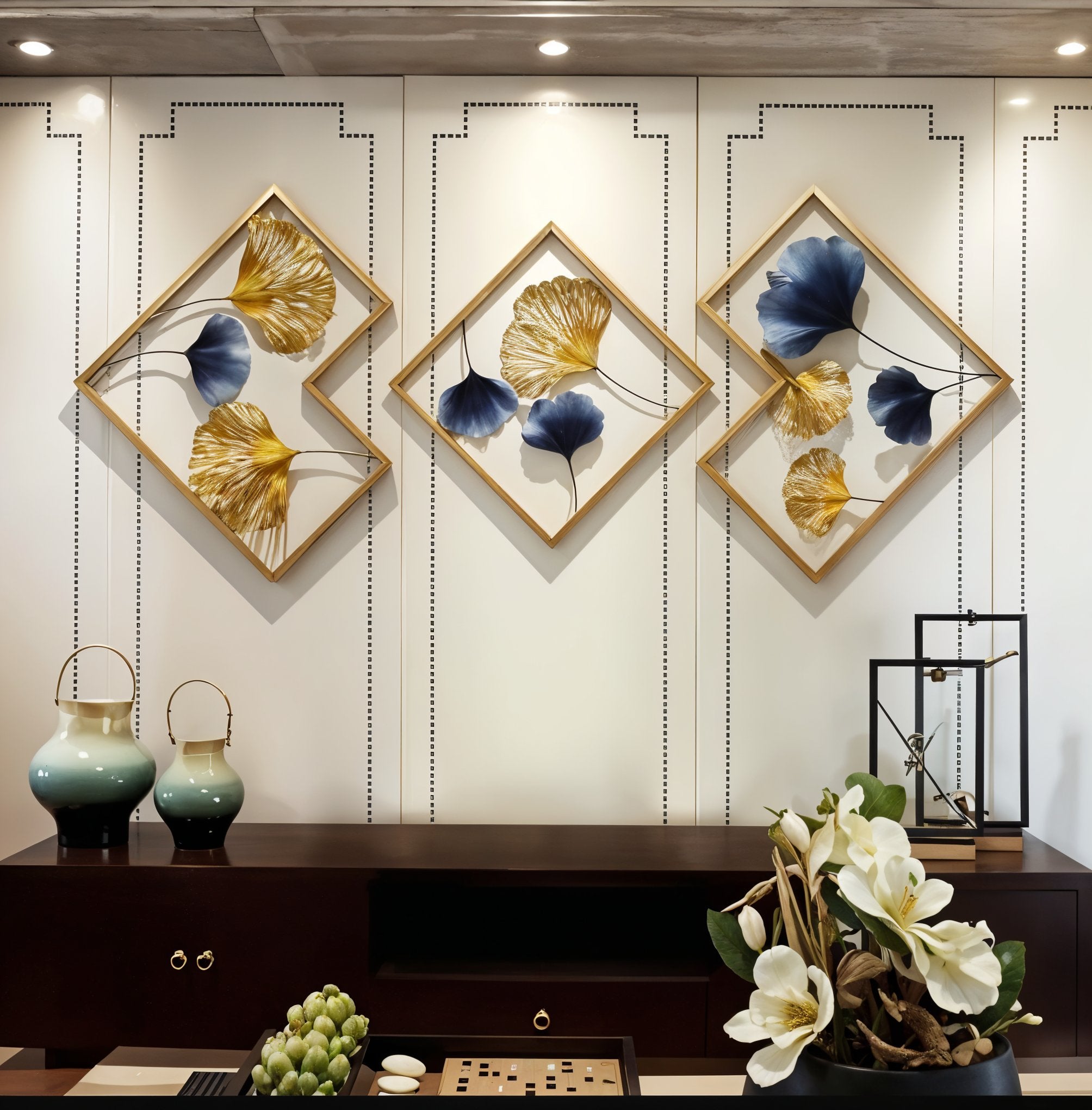 Geometric Gold & Blue Ginkgo Wall Art